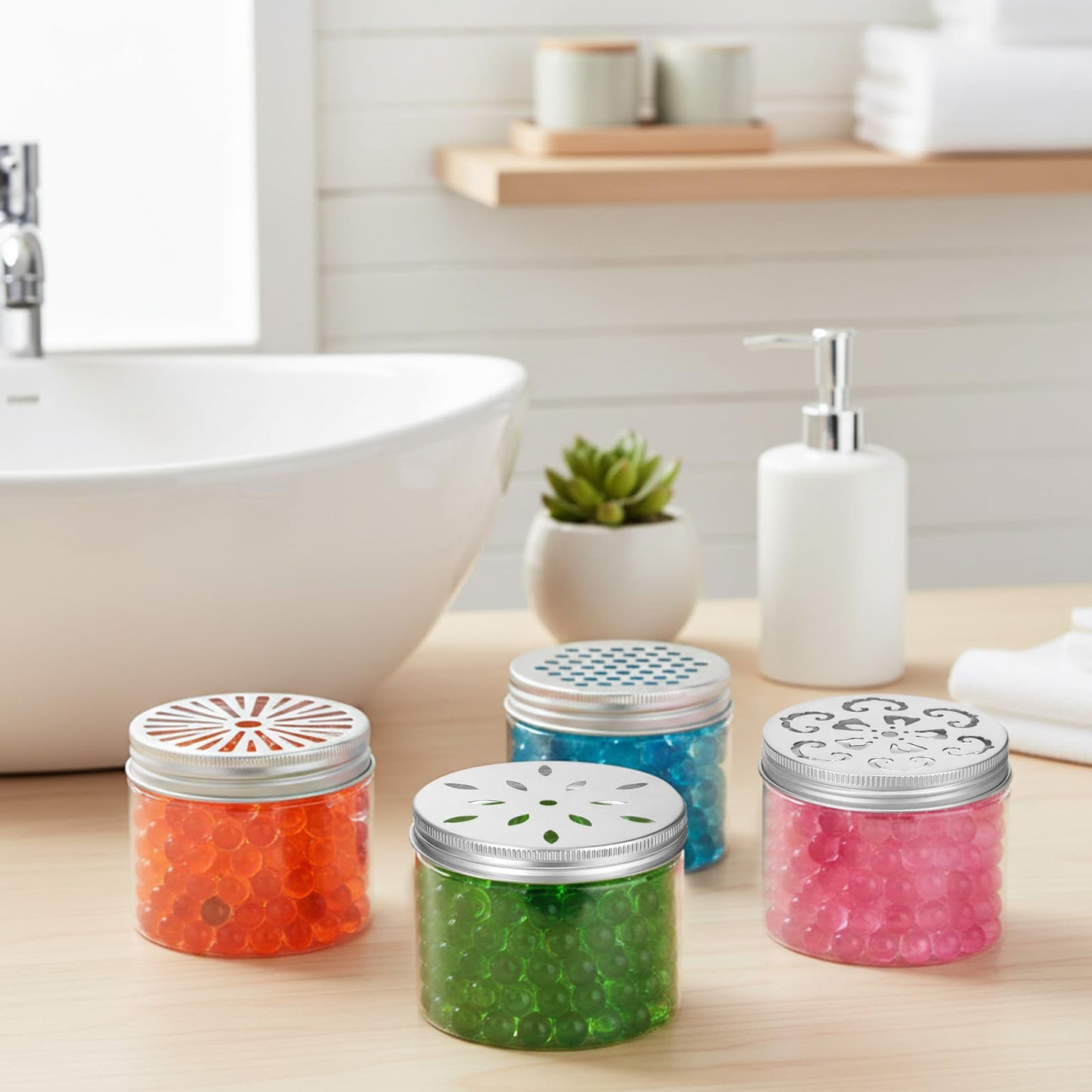 HANLANXUE 12 Pcs 150ml 5 OZ Scented Beads Container 4 Styles Air Freshener Solid Perfume Aroma Diffuser with Hollow Lids Empty Storage Containers Round Jars Sample for Aromatherapy