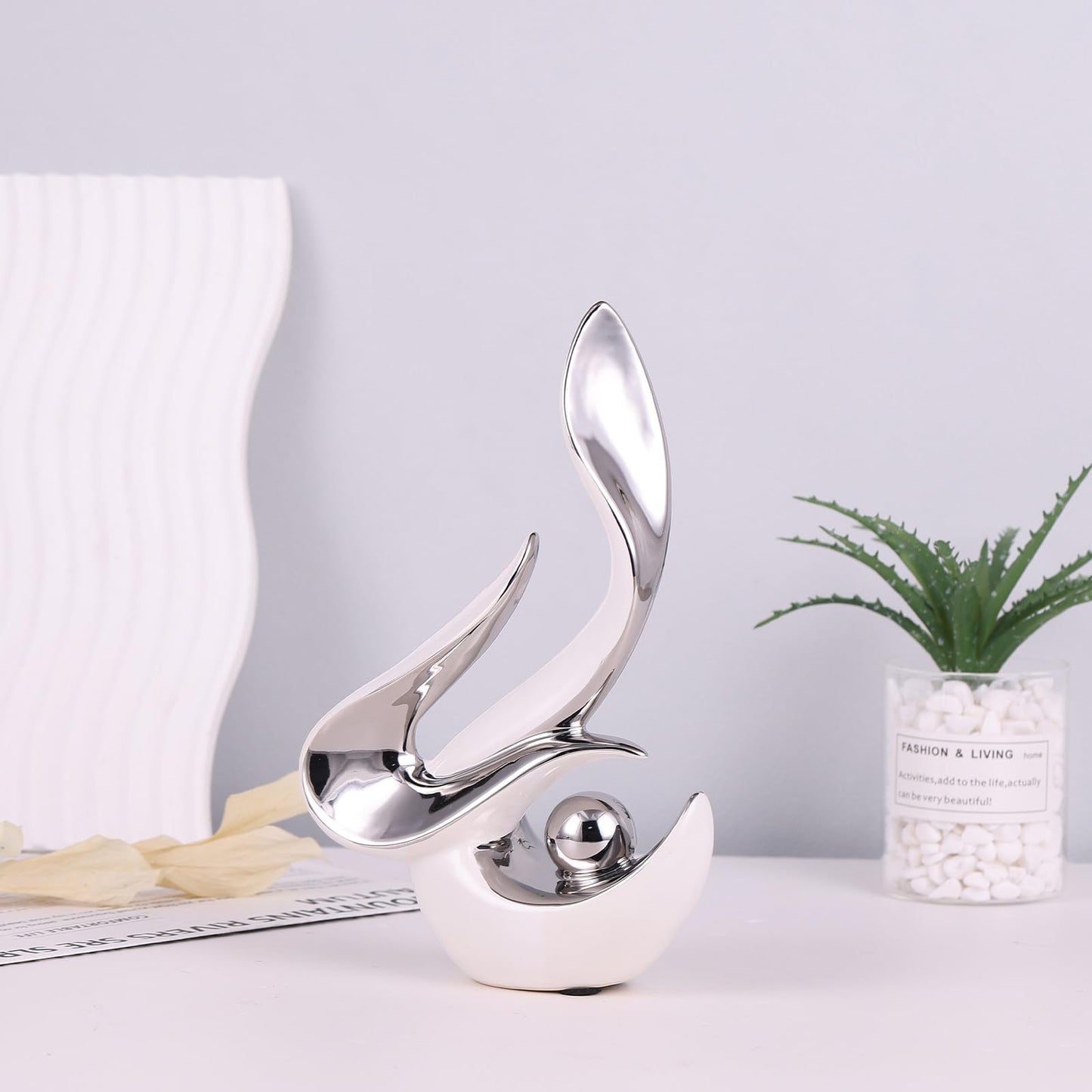 PlivBloom Silver Living Room Decor Table,Sculptures Home Decor,Modern Abstract Art,Dinner Table Centerpiece Decor,Ceramic Statue and Figurines Decorations Accent,Adorno Para Mesa Comedor(White Silver)
