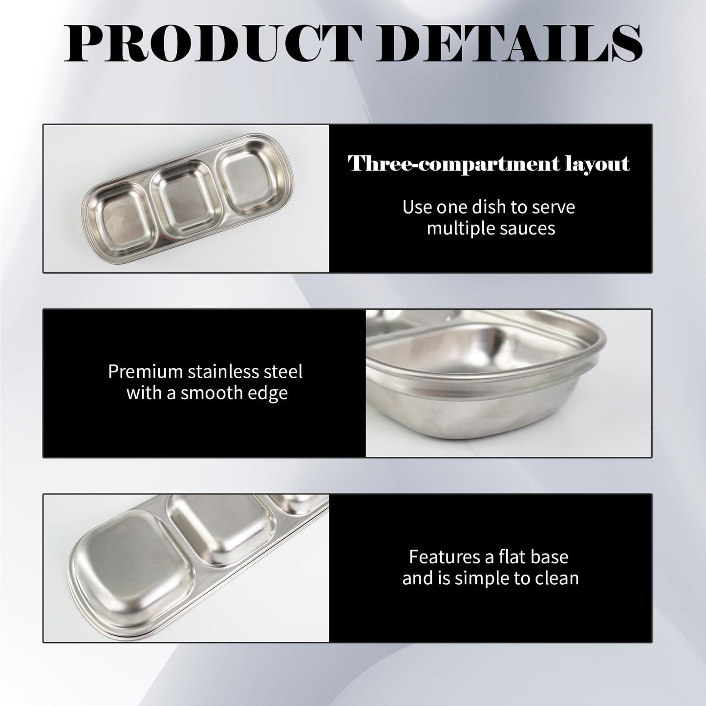 UCEHIPAW 24 Pcs Soy Sauce Dish Stainless Steel Korean 3 Compartment Dip Sauce Bowls Home Tray Divided Seasoning Dipping Condiment Plate for Restaurant Spice Salt Sugar Vinegar BBQ (Silver)