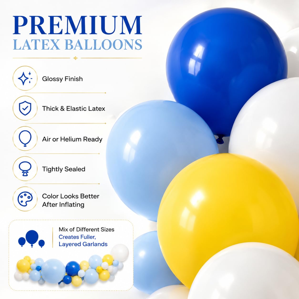 Blue White Yellow Balloon Arch Kit, Graduation Yellow Royal Blue Latex Party Balloons for Lemon Amalfi Coast Baby Shower Anniversary Birthday Wedding Graduation Party Decorations