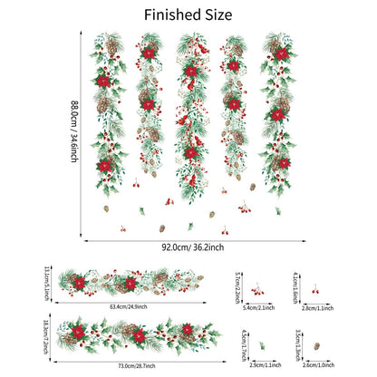 Christmas Garlands Wall Stickers Christmas Pine Cones Red Berry Vine Wall Decals Hanging Poinsettia Green Leaves Flower Window Decals for Xmas Winter Party Home Office Classroom Festival Decoration