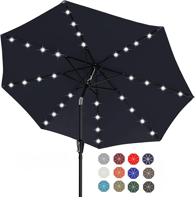 ABCCANOPY Durable Solar Led Patio Umbrellas with 32LED Lights 9FT (Navy Blue)