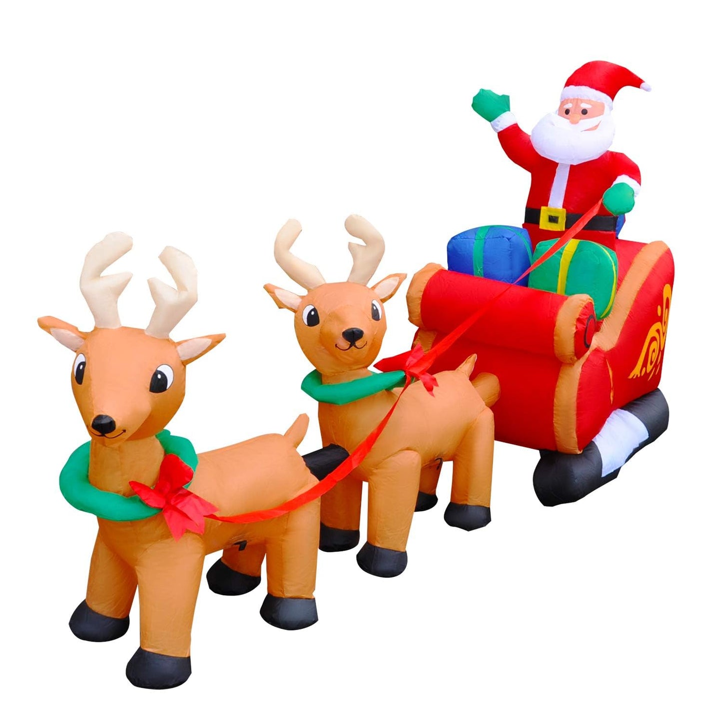 SEASONBLOW 8 Ft LED Inflatable Christmas Reindeer Pull The Sleigh Take Santa Claus Xmas Decoration for Yard Lawn Garden Home Party Indoor Outdoor