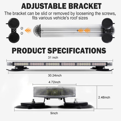 ASPL 31 inch Low Profile Rooftop Emergency Strobe Lights Bar Full Aluminum Flashing Safety Warning Traffic Advisor Lightbar Hazard Snow Plow Light for Trucks Tow Construction Vehicles (Amber/White)