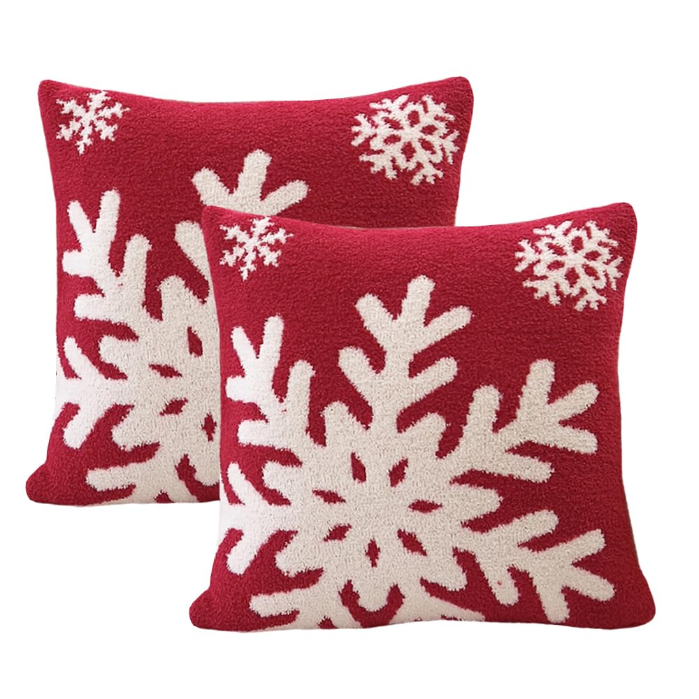 NIDITW Set of 2 Ultra Soft Red Snowflake Throw Pillow Cover Microfiber Christmas Cushion Case Cozy Fluffy Pillowcase Square Decor for Home Sofa Couch 18x18 Inches (1-Red)