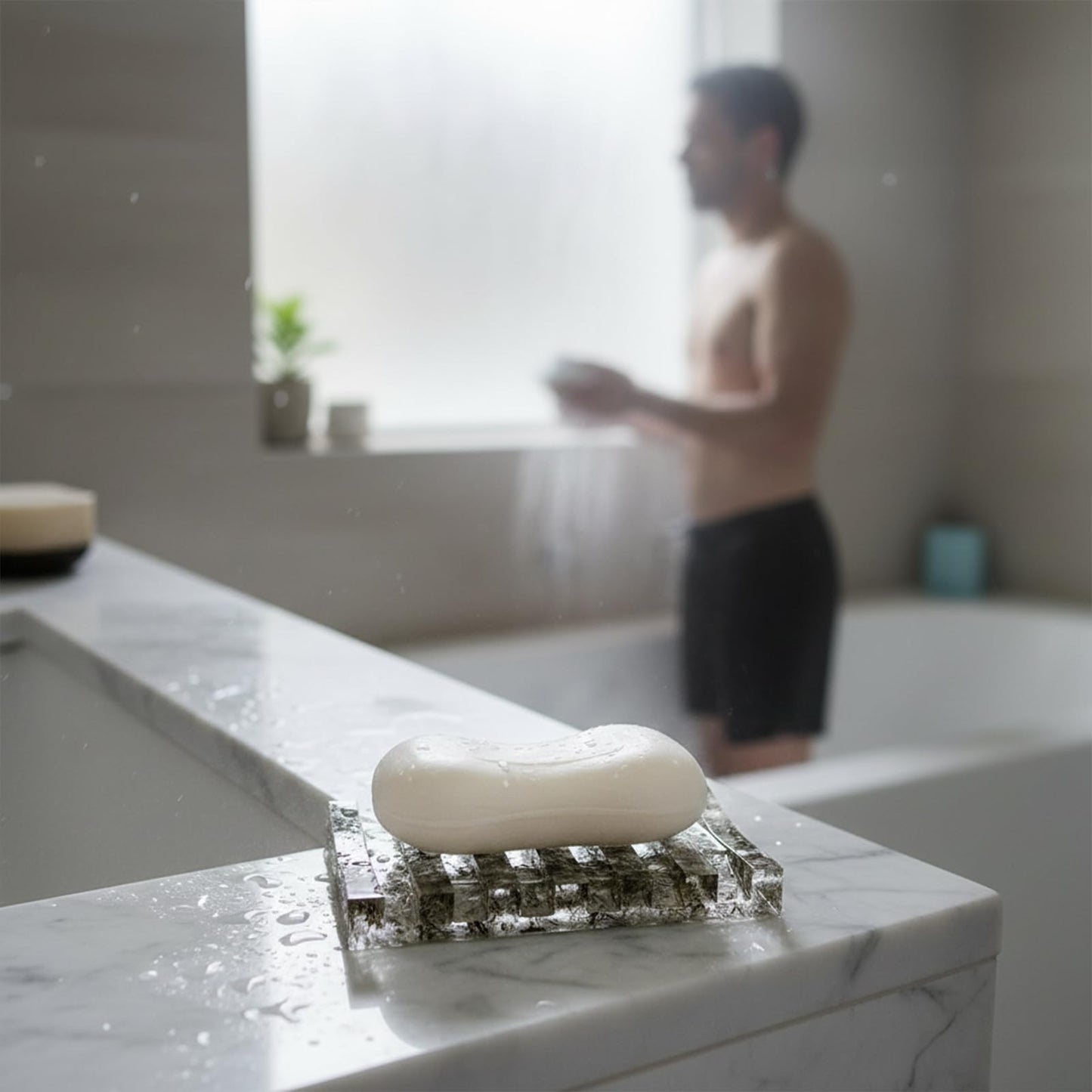 KUHPLOVE Soap Dish Rectangular Draining Holder with Natural Green Inclusions Handcrafted Bathroom Tray Modern Decor Accessory 4.33 x 2.99 x 0.59 Inches (Hair Crystal Double Drain Soap Rack)