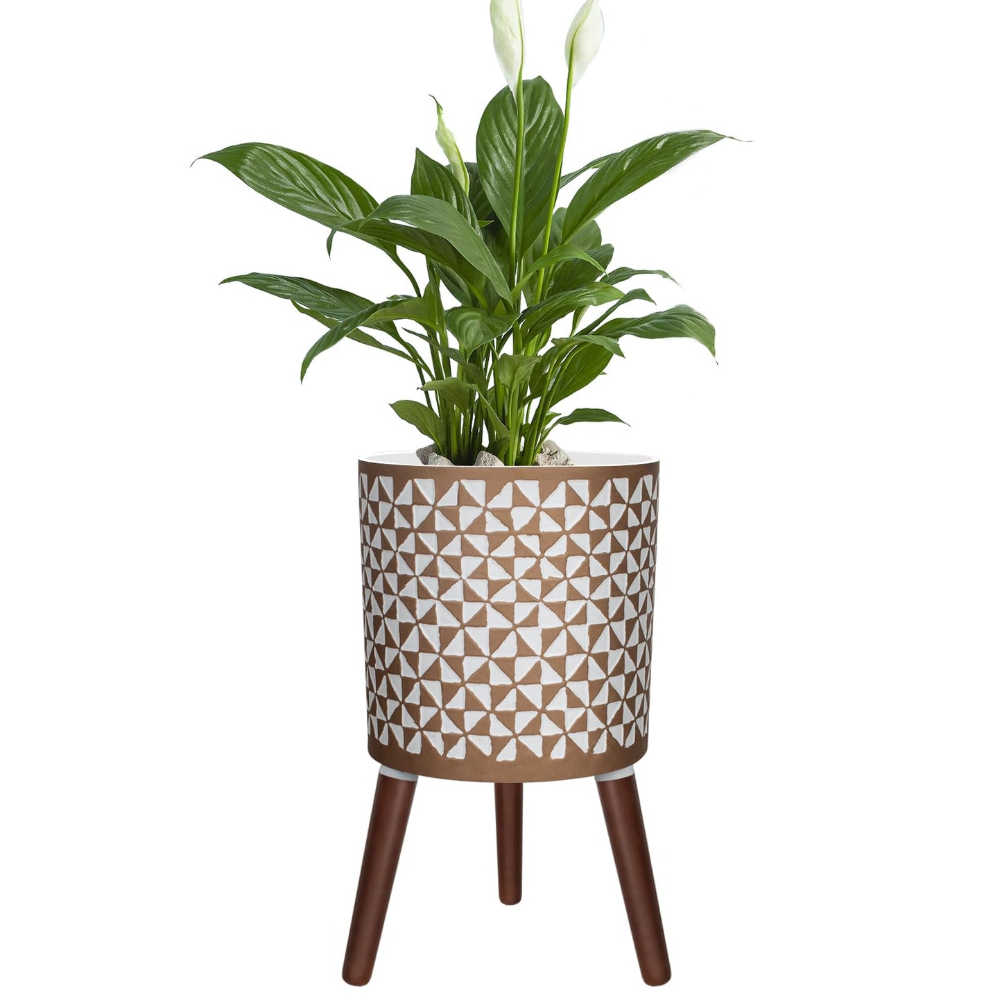 Opnons 10 Inches Plant Pots with Wood Stand Large Modern Standing Planters for Indoor Mid Century Flower Pot with Drainage Holes Big White & Gold Planters for Living Room, Office, Garden or Balcony