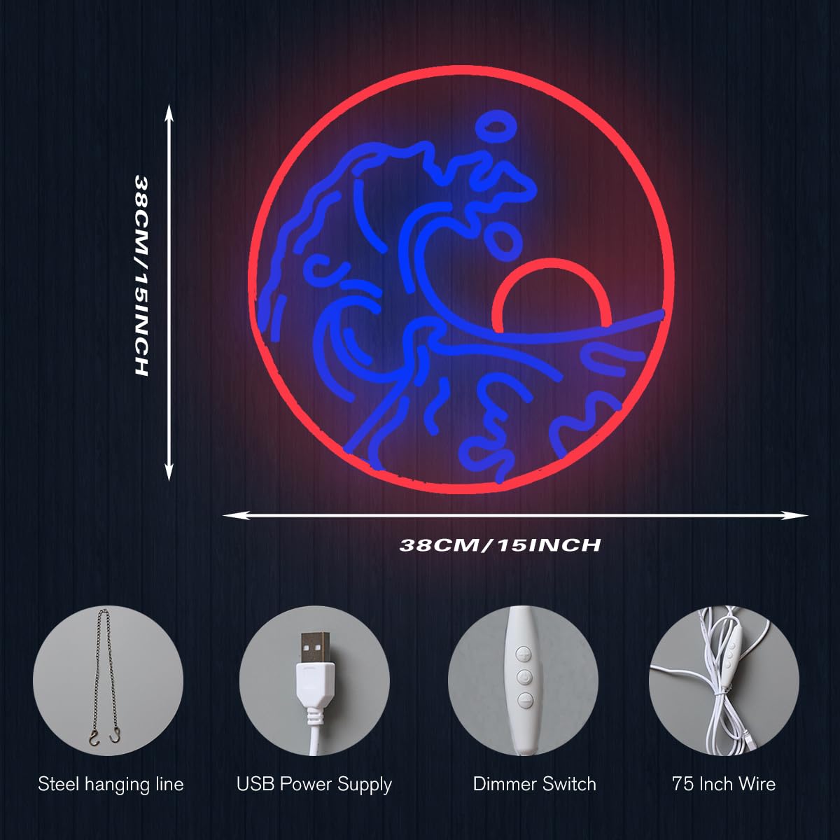 DAKABUKA Sunset Sunrise Neon Sign Dimmable Wave Neon Signs for Wall Decor Room Decor Bedroom Office Bar Birthday Party Christmas(Blue Red)