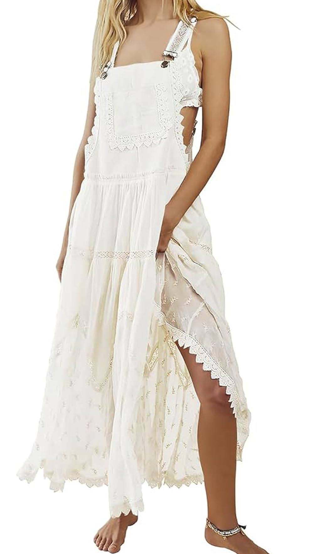 Women's Casual Lace Embroidered Maxi Dress Adjustable Strap Pleated Tiered Swing Long Dress with Pockets