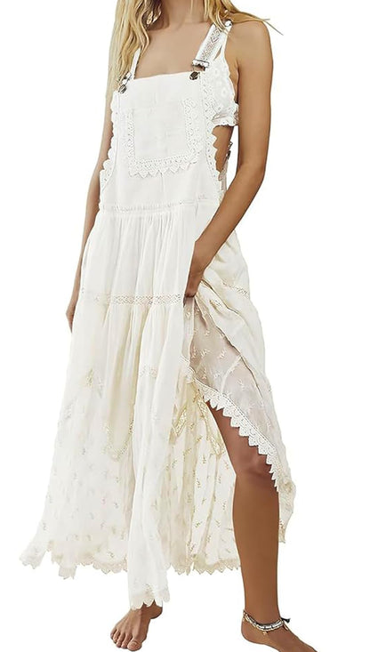 Women's Casual Lace Embroidered Maxi Dress Adjustable Strap Pleated Tiered Swing Long Dress with Pockets