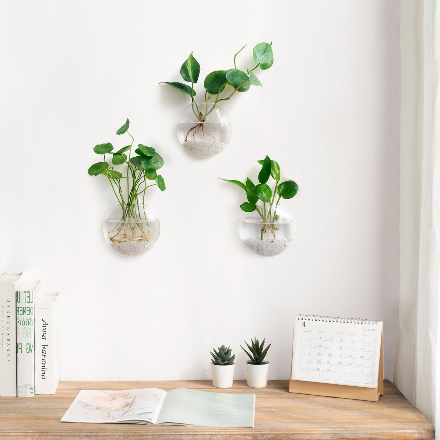 Mkono Wall Hanging Planter Propagation Station Glass Flower Vase for Hydroponics Plants, Bathroom, Home Office Living Room Decor Gift, Oblate Set of 3(Plants not Included)