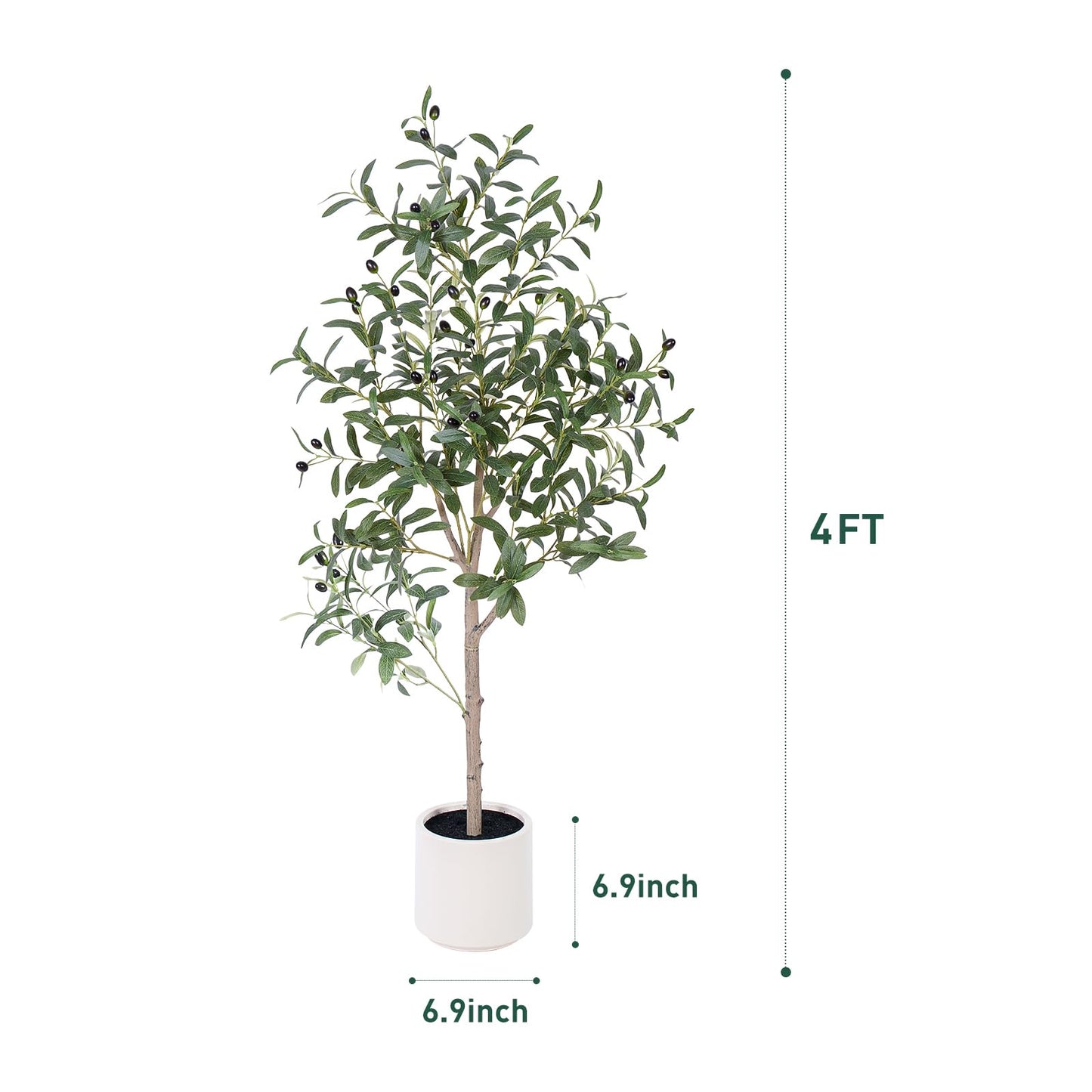 AQUGQ Olive Tree Artificial Indoor, 4ft Tall Silk Faux Olive Tree with White Planter, Artificial Plants with Natural Wood Trunk and Lifelike Fruits for Home Office Decor
