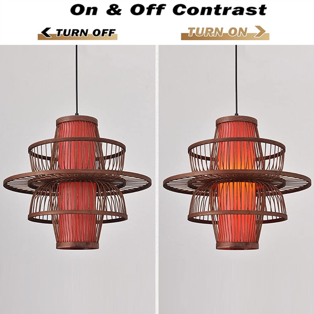 HAIIQU Traditional Antique Bamboo Pendant Light Chinese Bird Cage Hanging Ceiling Lamp with Red Imitation Parchment Lampshade Large Wicker Restaurant Cafe Corridor E27 Decor Light Fixture 17.7"