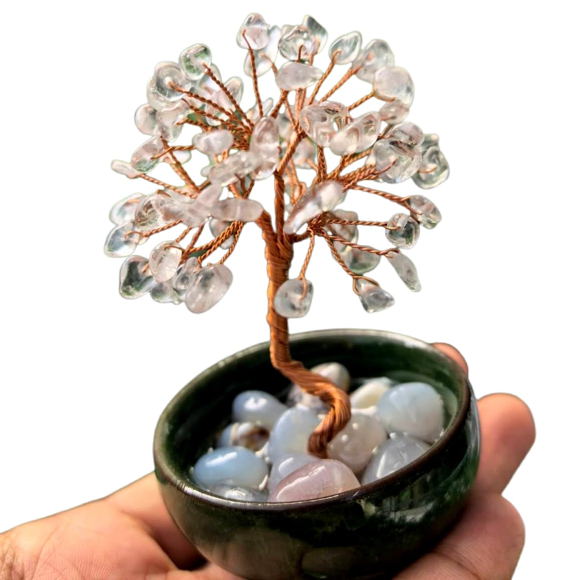 Natural Gemstone Wire Wrapped Crystal Tree Bowl of Life Chakra Healing Gift Agate Stone Reiki Energy Home Decor Spiritual Wellness Centerpiece (White Crystal)
