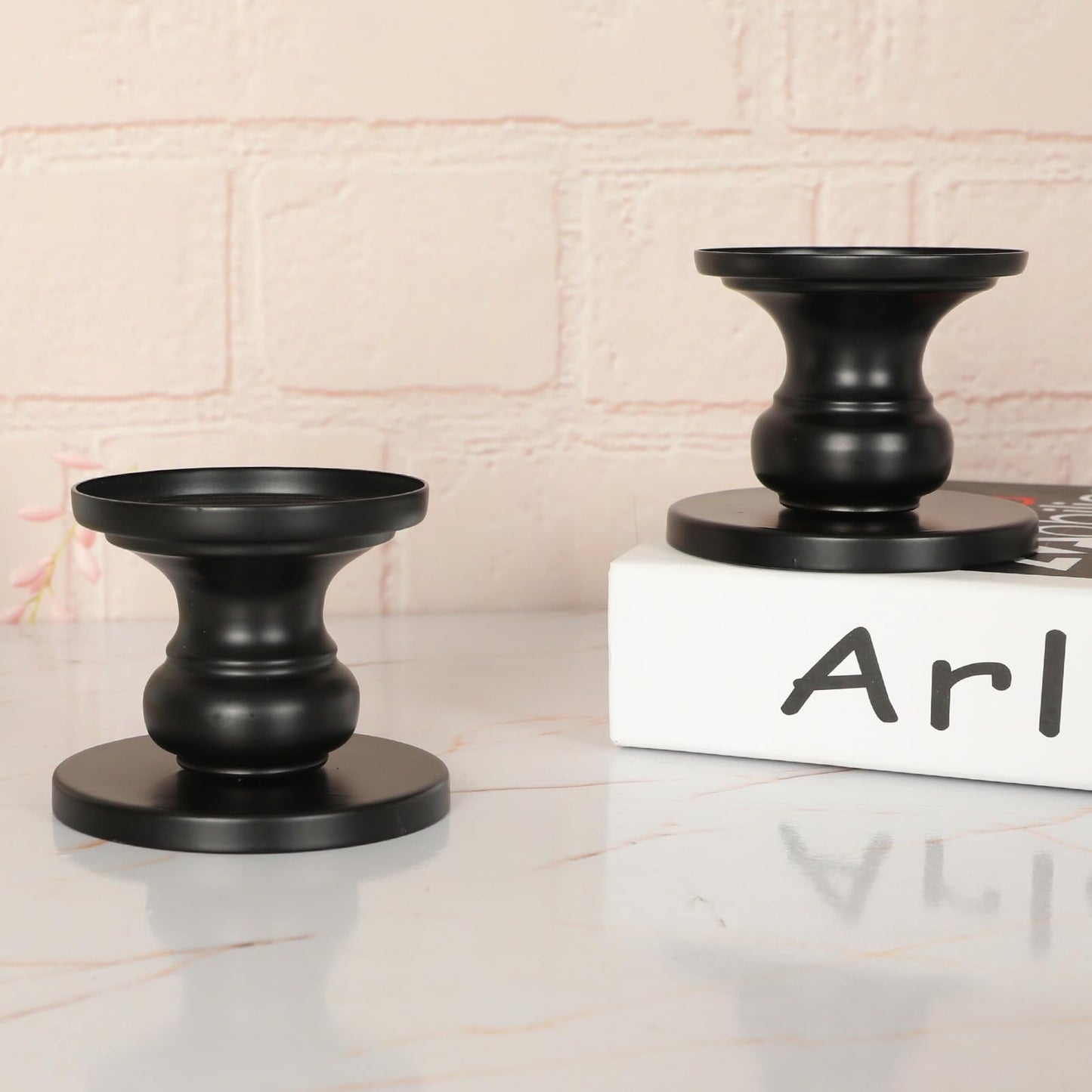 Matte Black Iron Pillar Candle Holders - Set of 2 Candlestick Holders, Metal Candle Holder for Pillar & Taper, Table Mantle Fireplace Farmhouse Home Decor