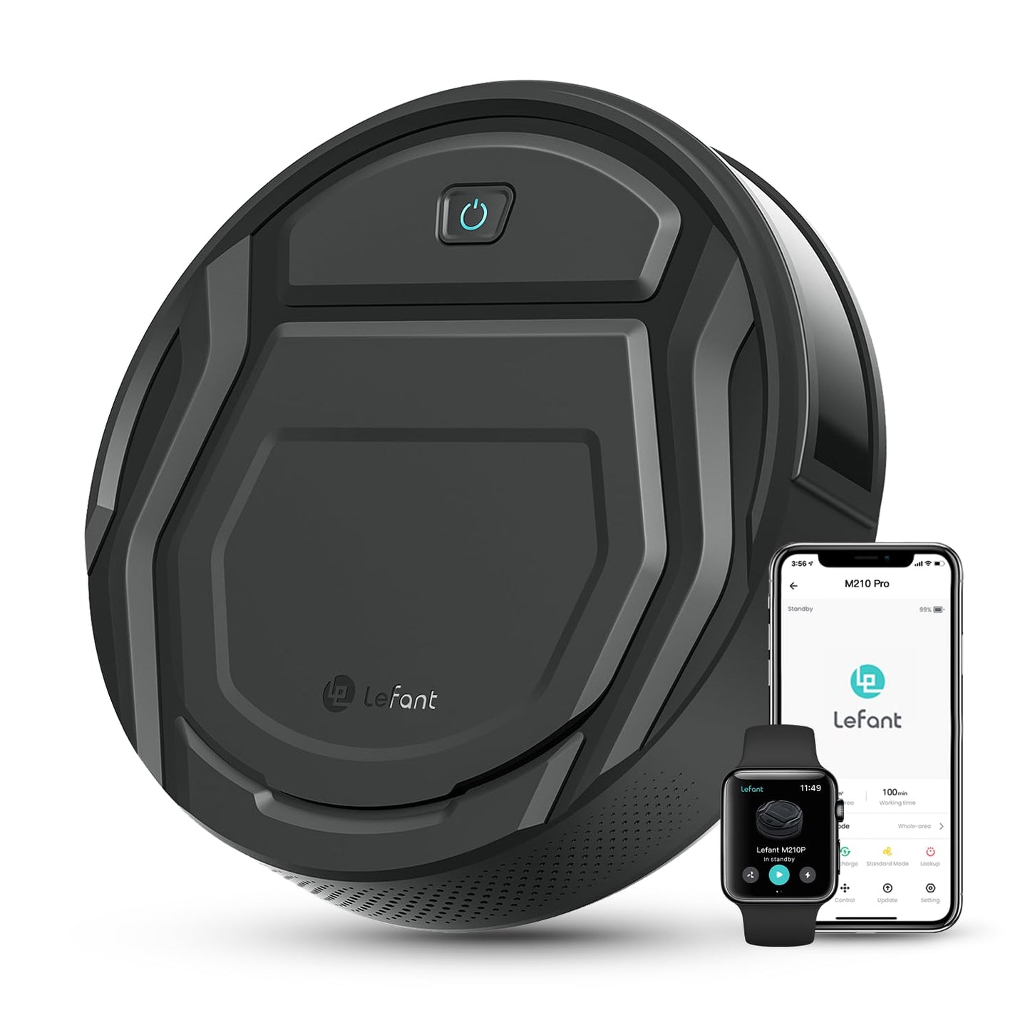 Lefant Robot Vacuum Cleaner, 120 Mins Runtime, Compact Design, Low Noise, Powerful Suction, Wi-Fi/App/Voice Control, Self-Charging, Scheduled Cleaning, Ideal for Pet Hair and Hard Floors, M210 Black