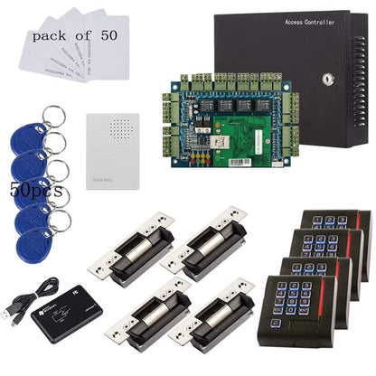 MENGQI-CONTROL ANSI Standard North American Heavy Duty Electric Strike Lock TCP/IP Based 4 Doors Access Control Systems with 4 Door Wiegand Access Controller 110V-240V Power Supply Box Keypad Reader