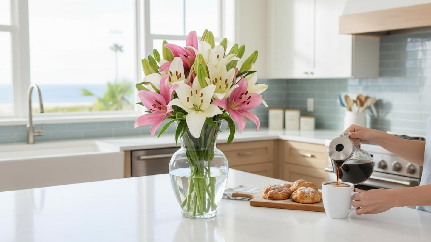 STARGAZER BARN 10 Stem Pink & White Lily Bouquet (Vase Not Included) - Hand-Tied in the USA - Fresh Flower Delivery for Birthday, Anniversary, Sympathy, Home Decor, Wedding, Mother's Day