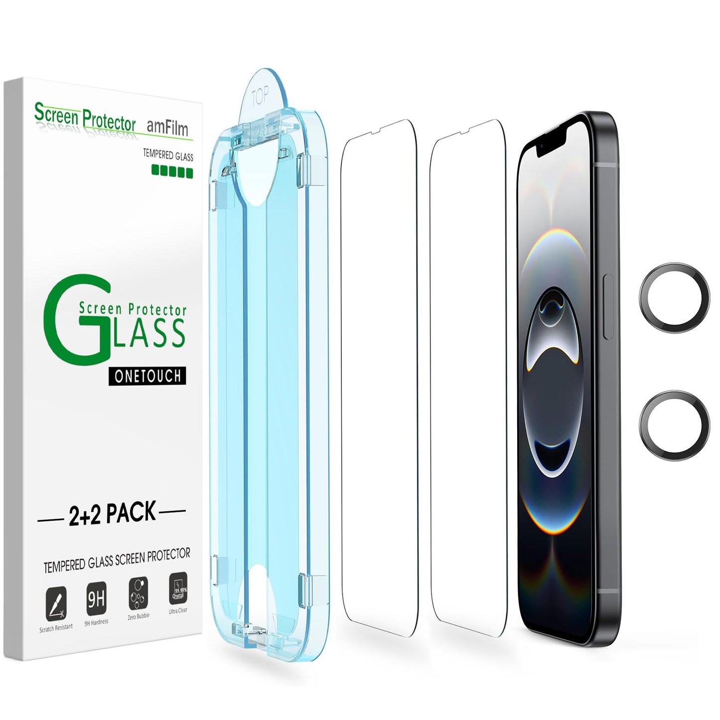 amFilm Auto-Alignment OneTouch for iPhone 16 [6.1''] Screen Protector + Camera Lens Protector, Tempered Glass, 30 seconds Installation, Bubble Free, Case Friendly, Anti-Scratch [2+2 Pack]