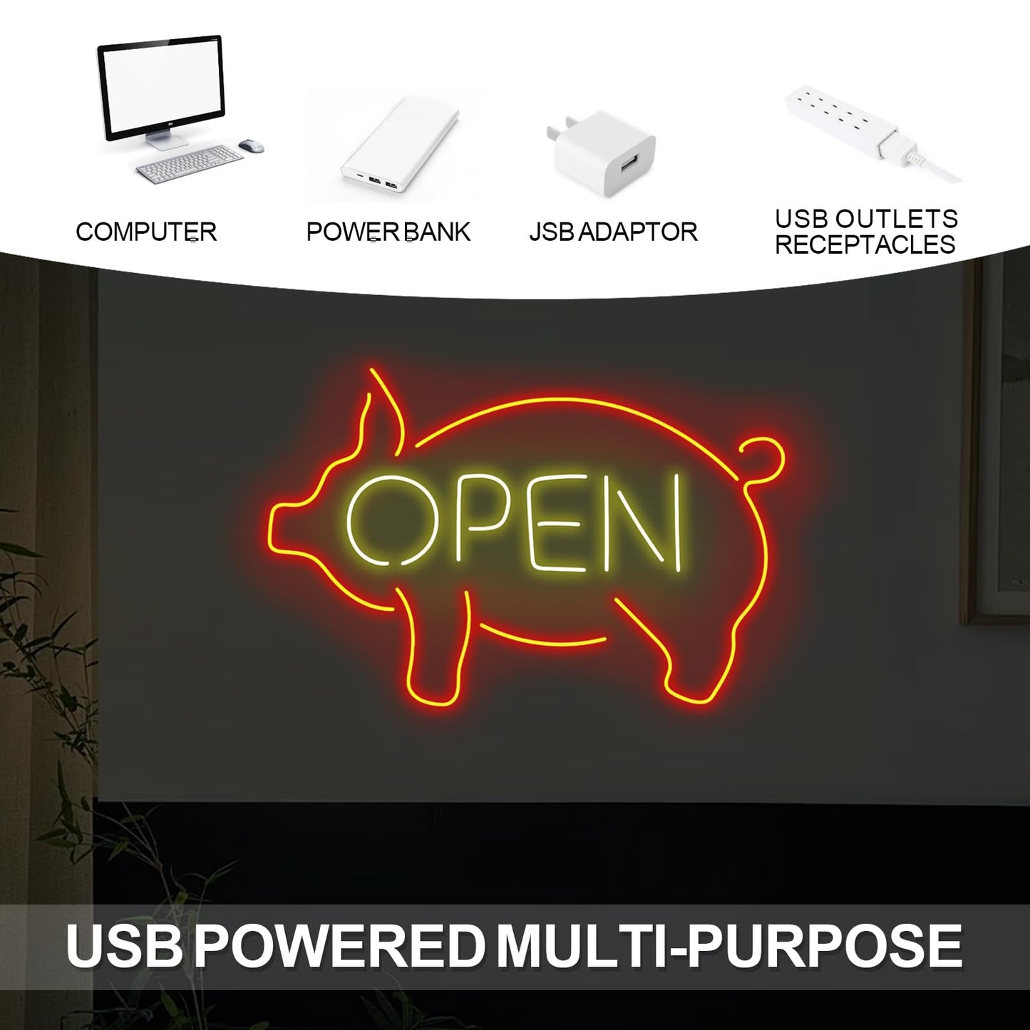 Pig Open Neon Sign, Business Shop lamp Pig Open Led Wall Hanging Custom Restaurant Kitchen BBQ LED Lights Wedding Birthday Party Decor, Business Room Accessories Neon Sign