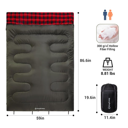 KingCamp Double Sleeping Bag for Adults, Queen Size 2 Person XXL Flannel Sleeping Bag, Waterproof Lightweight Flannel Quilt with 2 Pillows, Perfect for Couples Family Camping Hiking, Green