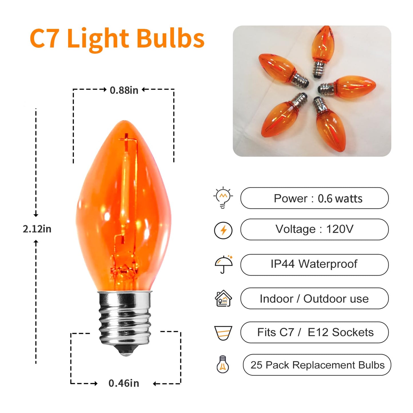 CHYParty 25 Pack C7 Replacement Bulbs, Orange LED Halloween Light Bulbs for Outdoor String Lights, Patio, Christmas Decor, E12 Candelabra Base, Durable & Energy-Saving