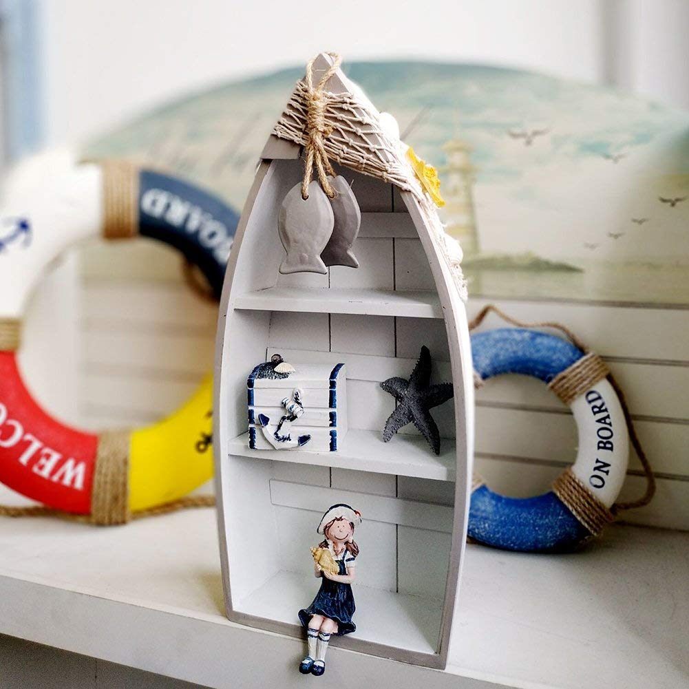 Attraction Design Wooden Boat Shelf, 16.5" H Standing Boat Display with Fish Net Starfish Seashell Accents White Beach Nautical Theme Decor H (Boat Shelf)