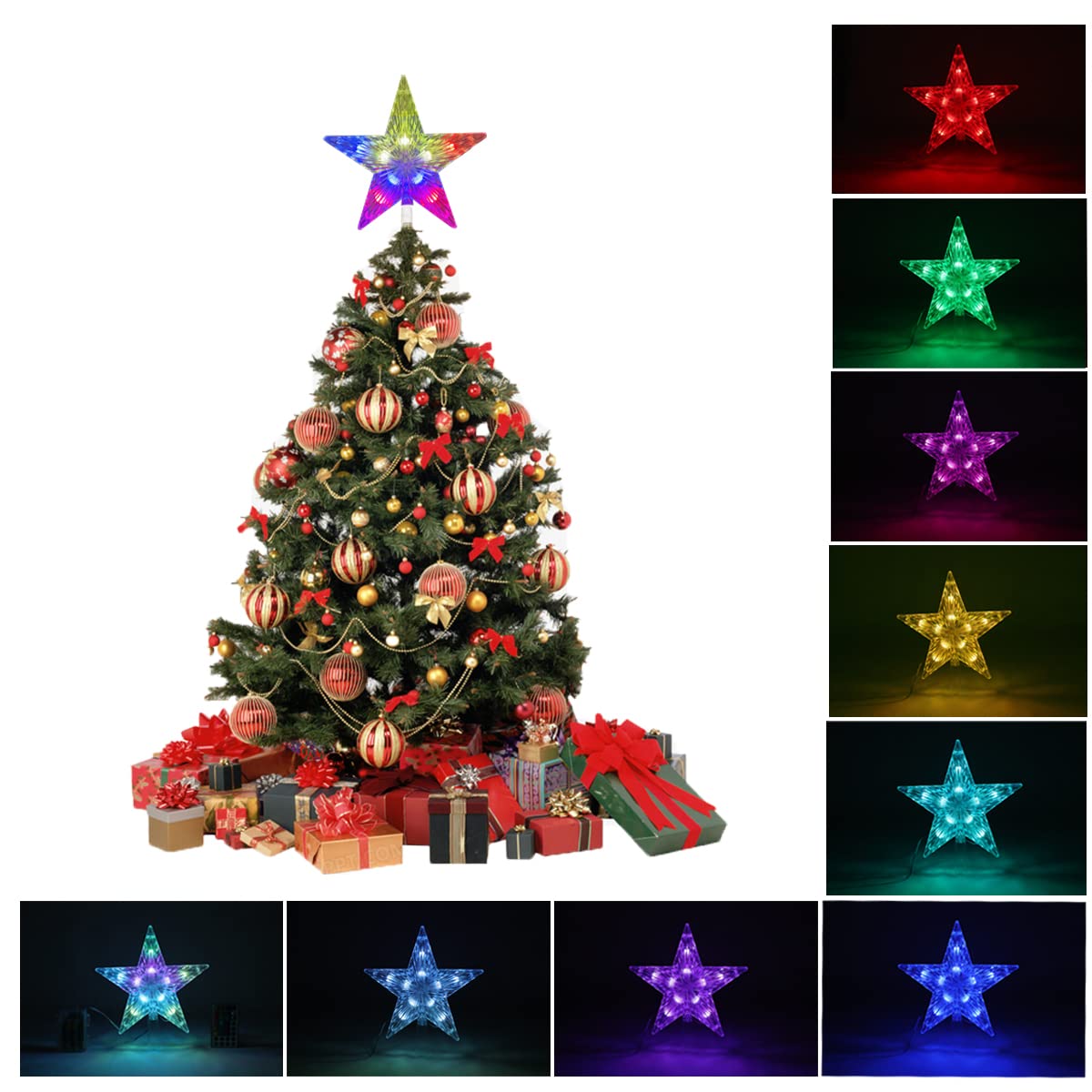 Brogrous Christmas Star Tree Topper Lights 9.5inch 10LED Multicolour with Versatile Remote Controller 3AA Battery Powered Tree-top Star for Xmas Tree Home Decoration（Indoor and Outdoor ）