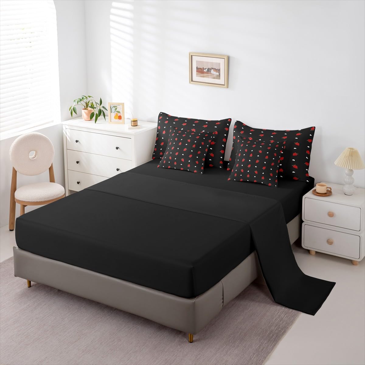 Erosebridal Kawaii Strawberry Full Size Comforter Set, Cute Fruits Theme Sweet 7-Piece Bed in A Bag, Red Black Sheets and Pillowcases, Heart Pattern Bedding Set Room Decor
