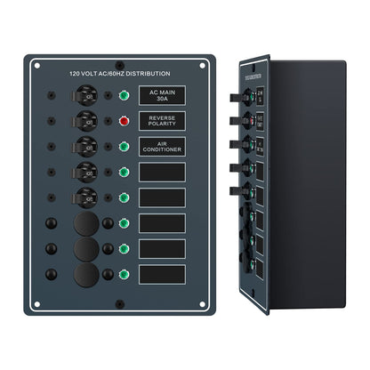 Haoguo AC Main 6 Positions Circuit Breaker Panel with Red Reverse Polarity LED Indicator, Included Free AC Isolation Back Cover, Pre-Wired, Ideal for Marine RV Yacht