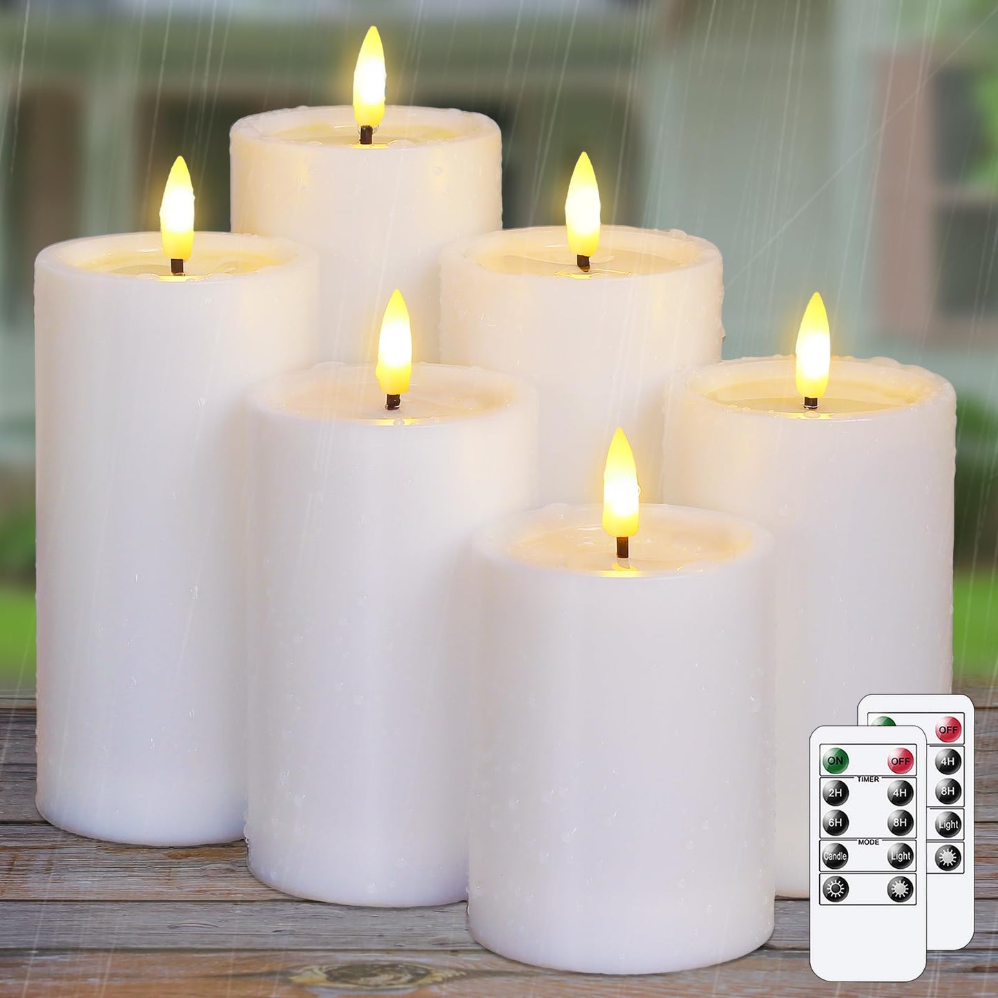 Yeelida Outdoor 6pcs Flameless Waterproof Candles with Handy Remote Control, Cycle Timer Battery Operated Candle Grease Effect LED Flickering Pillar Plastic Long Lasting (White, 3" x4" 5" 5" 6" 6" 7")