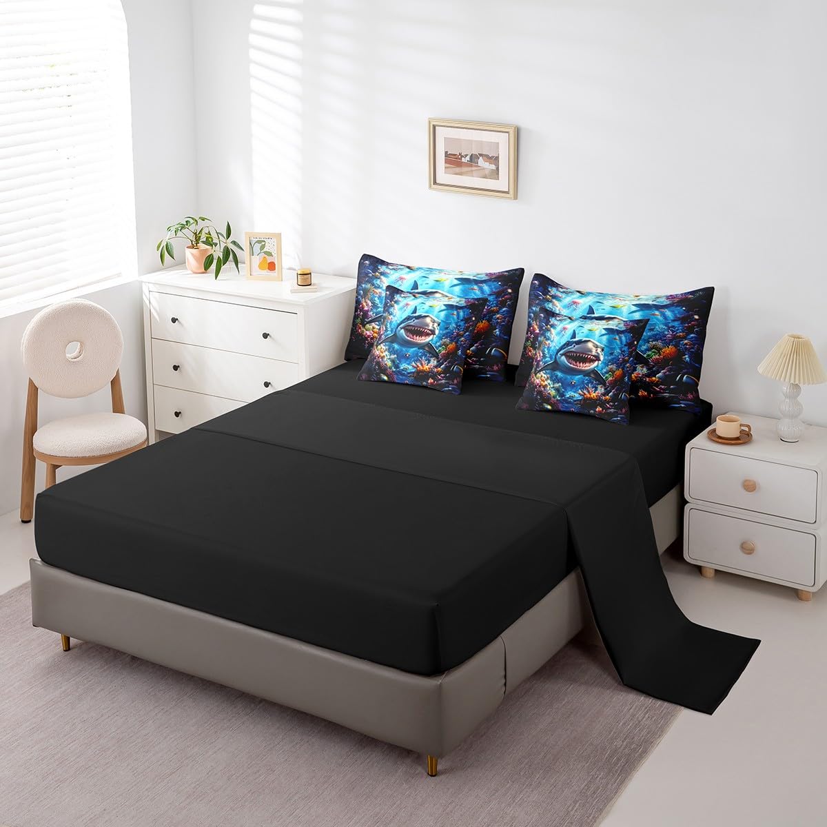 Feelyou Shark Comforter Set 7 Pieces Twin Size Kids, Ocean Sea Animal Bedding Set Boys Girls, Sea Underwater World Bed in a Bag,Comforter + Sheets + Pillowcases + Cushion Covers