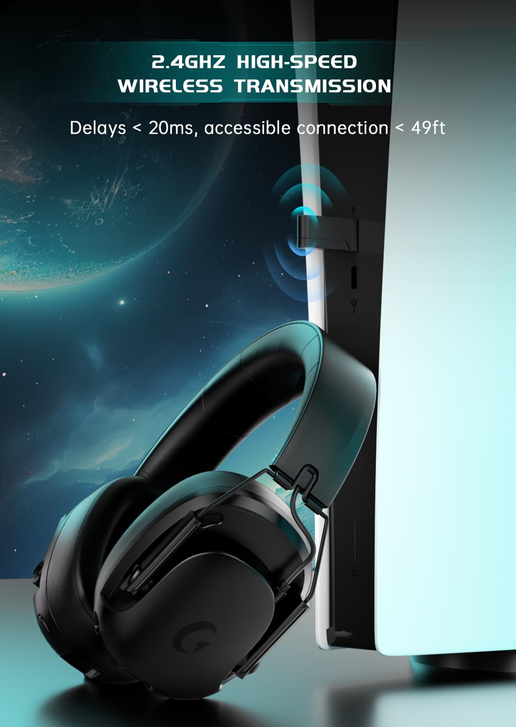 Rumoon Wireless Gaming Headset for PC, PS5, PS4, Switch, Gaming Headset with Detachable Noise Cancelling Mic, 2.4GHz & Bluetooth 5.3 Dual Connection, 7.1 Surround Sound Black