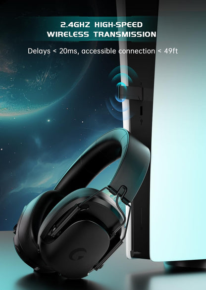 Rumoon Wireless Gaming Headset for PC, PS5, PS4, Switch, Gaming Headset with Detachable Noise Cancelling Mic, 2.4GHz & Bluetooth 5.3 Dual Connection, 7.1 Surround Sound Black