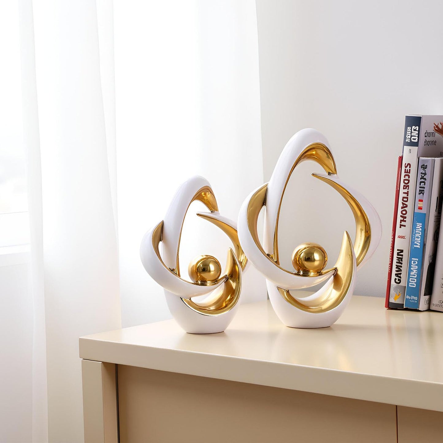2PCS Home Decor Accent Ceramic Statue Abstract Sculptures Centerpieces Mid Century Modern Decor for Tables Coffee Table top Decorations for Living Room Desktop Shelf Dining Room Kitchen (White Gold)
