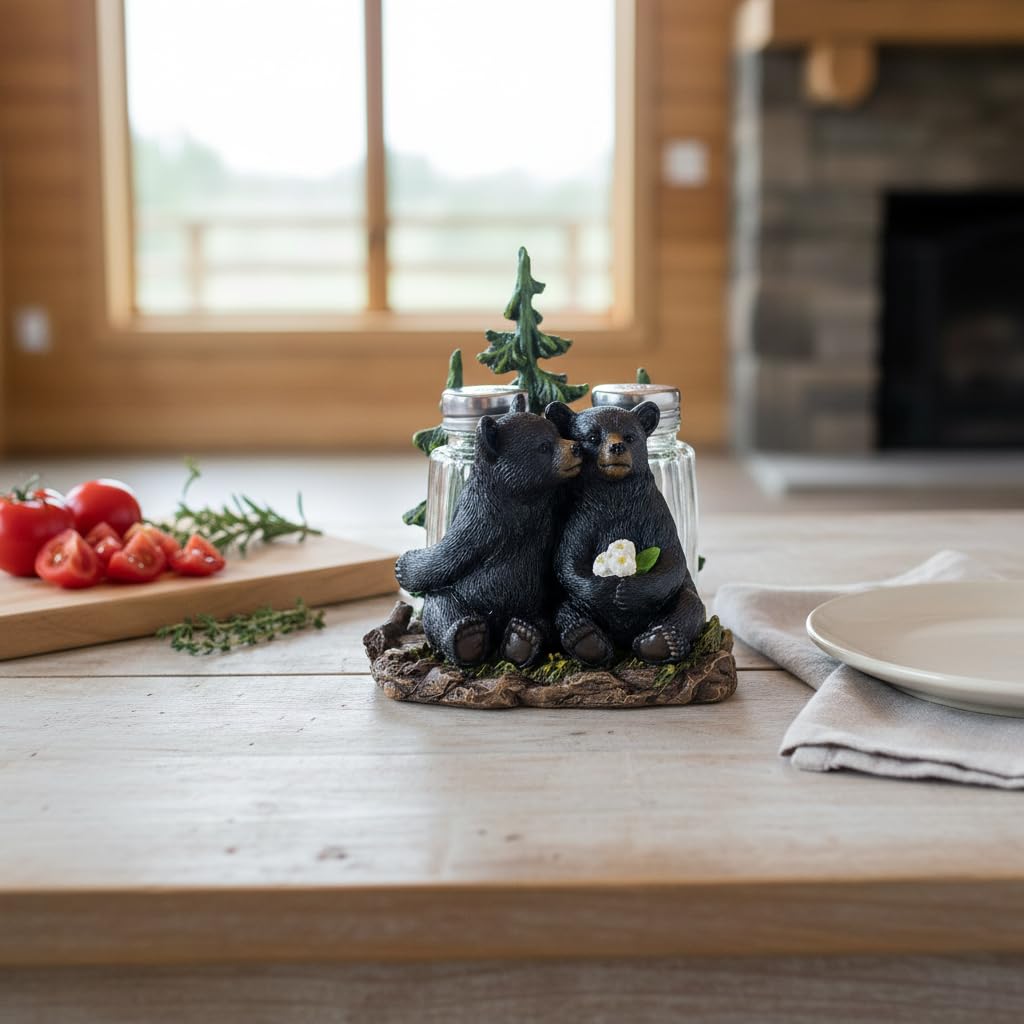 Comfy Hour 5" Black Bear Salt and Pepper Shaker Duo (Empty Bottle Set Included), Decorative Lover Bears beside Pine Tree Figurine Holder, Rustic Lodge Cabin Style Tabletop Decor, 1 Unit