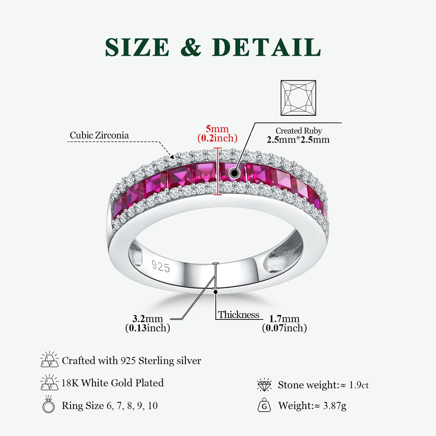 RANDES Ruby Rings Half Eternity Band 925 Sterling Silver Channel Set Wedding Bands Red Stone Anniversary Ring 6mm Thick Band Rings for Women Size 10