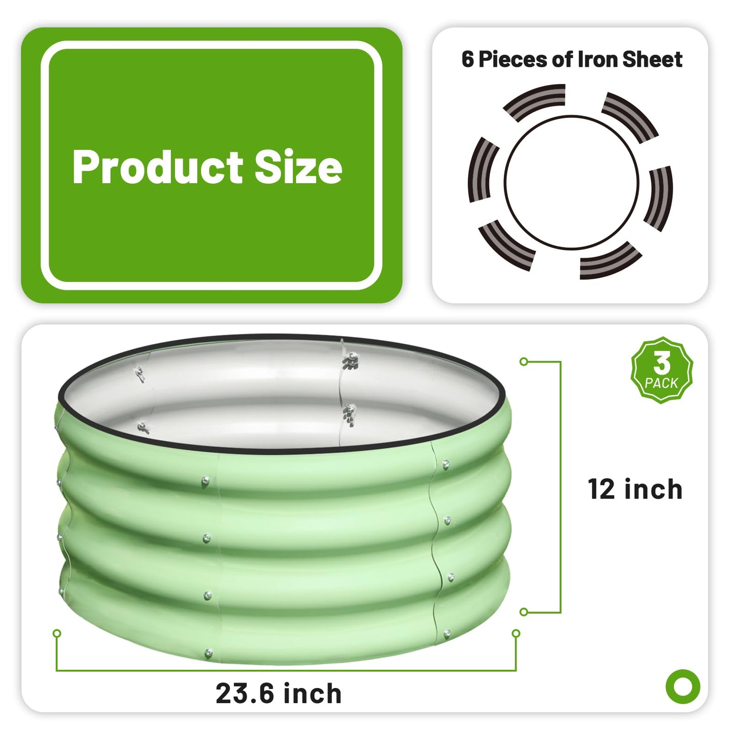 SnugNiture 3 Pcs 2x2x1ft Round Galvanized Raised Garden Bed Kit Outdoor, Metal Planter Box for Planting Plants Vegetables, Green