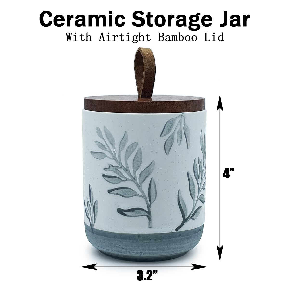 EWEIGEER 10oz Ceramic Airtight Food Storage Container with Wooden Spoon for Sugar,Matcha,Salt,Coffee,Spices,Cat Treat,Loose Leaf Tea(Gray-Green Olive Leaves)
