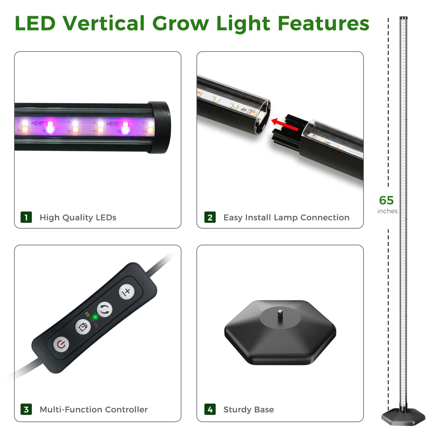 JarryStart Grow Lights for Indoor Plants with Timer, 192 LEDs 42W Vertical Full Spectrum Grow Light 65 Inch Standing Grow Lights 3 Light Modes 5-Level Dimmable Wide Coverage