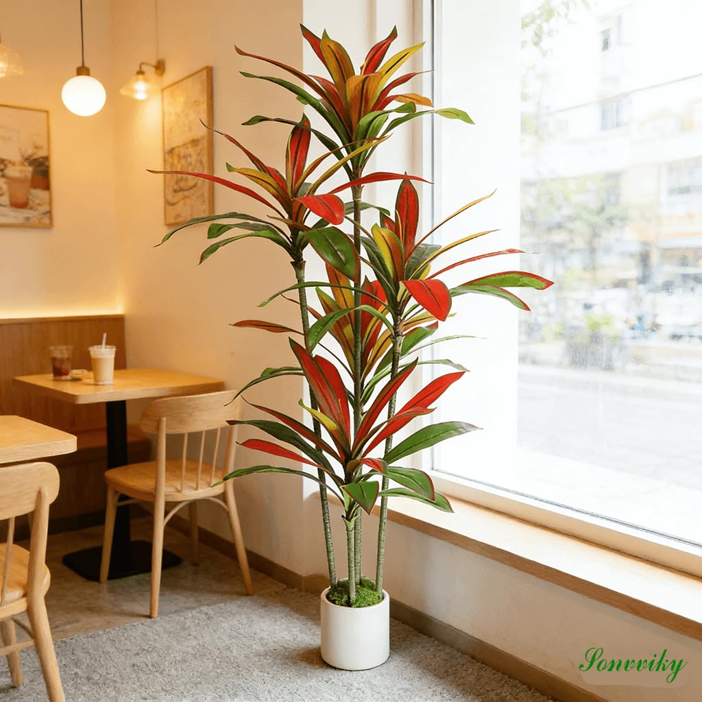 Artificial Dracaena Tree Red 5FT - Faux Trees Indoor with Natural Leaver and Resin Trunk- Large Floor Fake Trees for Living Room, Office Decor
