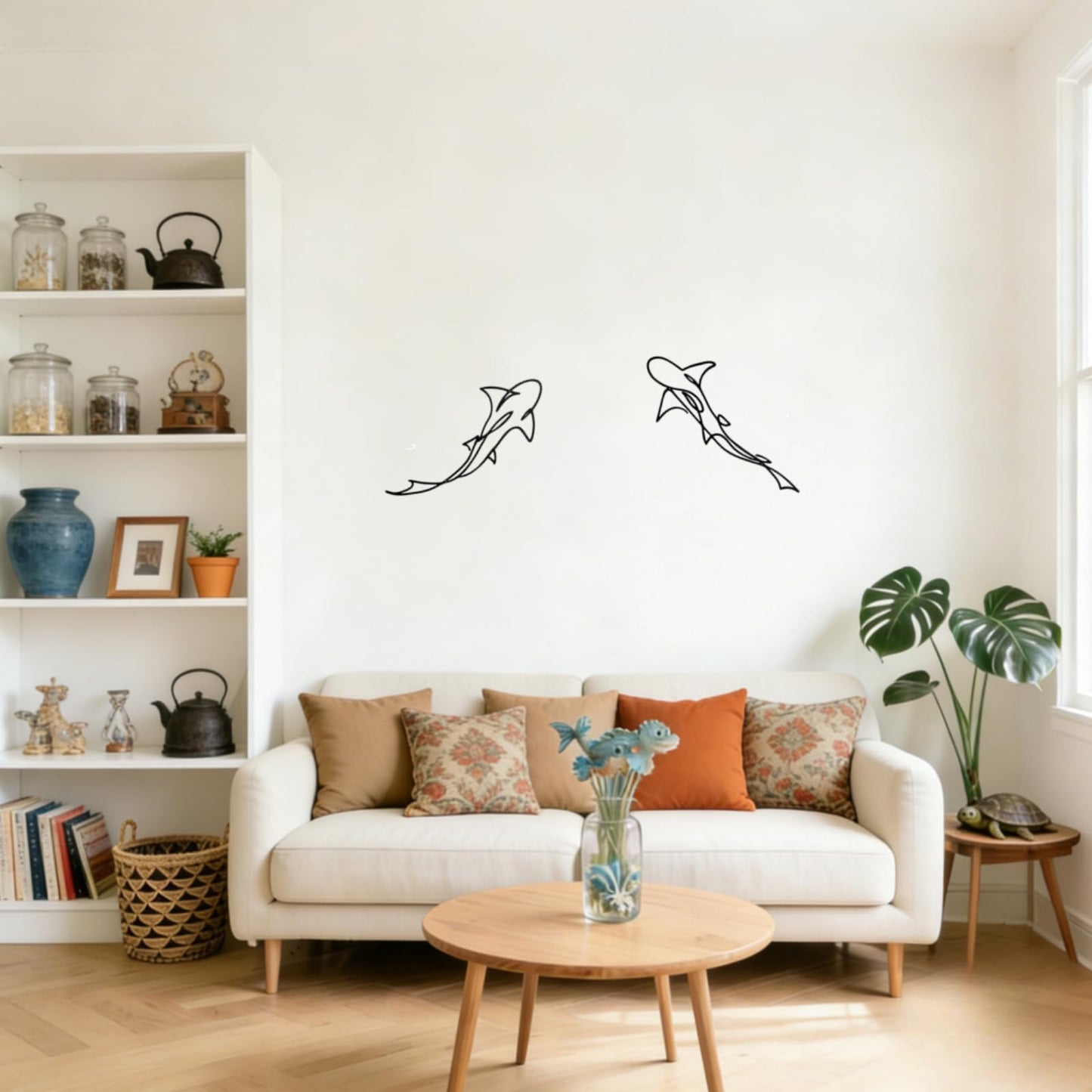 JBCHUCI Metal Fish Wall Art Nautical Decor Set of 2, Abstract Line Iron Shark Wall Sculptures for Coastal Living Room, Bathroom, Bedroom - Ocean Themed Home Decor Housewarming Gift