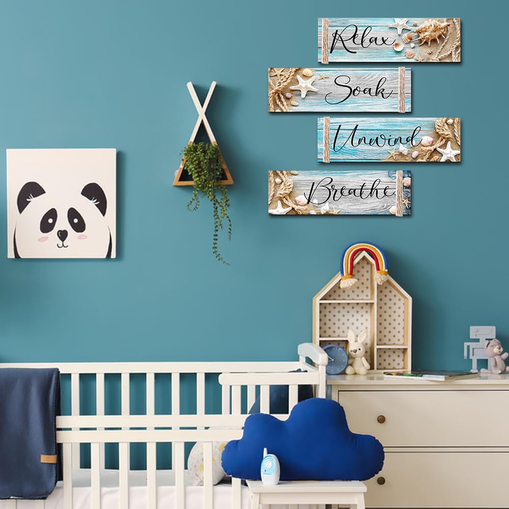 POILKMNI 4 PCS Ocean Beach Wood Relax Soak Unwind Breathe Art Sign Hanging Wooden for Decor Living Room Laundry Spa Washroom