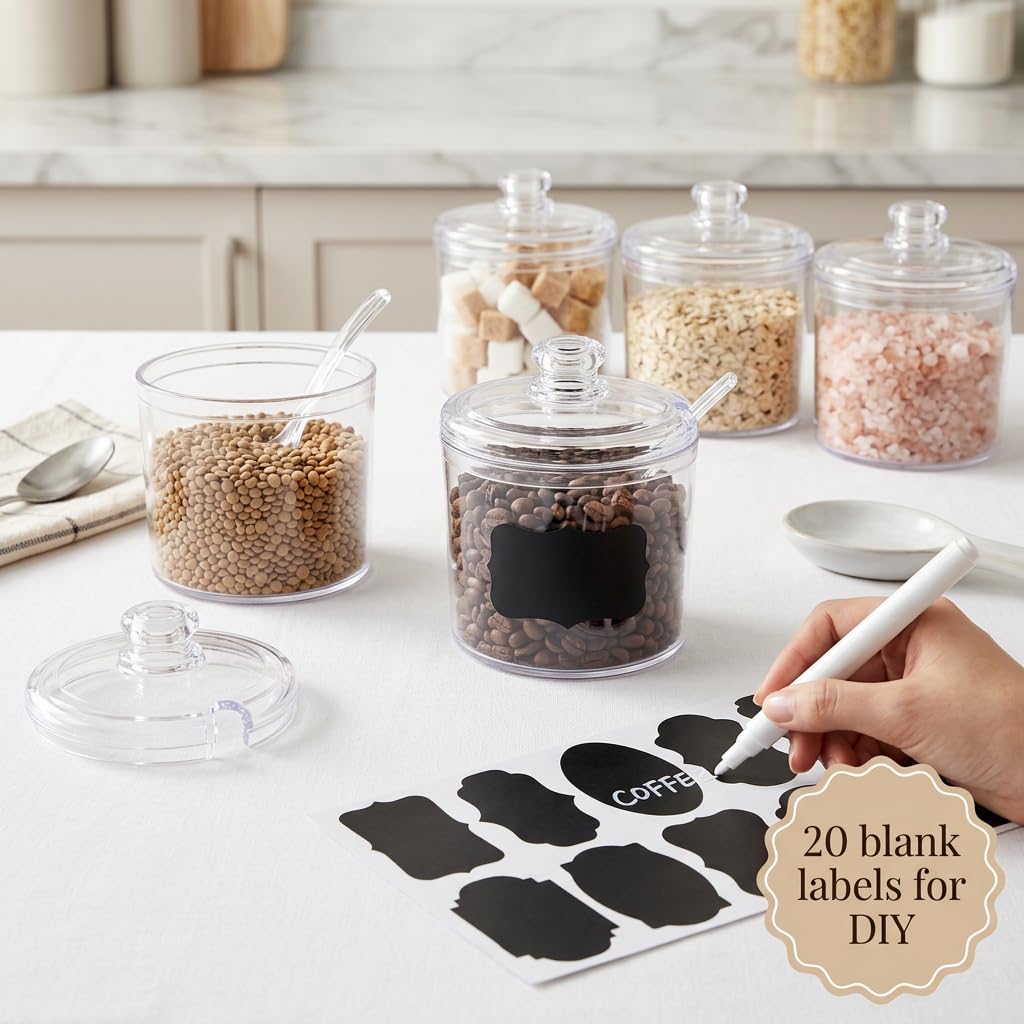 CACASO 12 Pcs Acrylic Sugar Bowls Containers, 11 oz Clear Lid Spoon Condiment Pots, Seasoning Box Storage Jar Coffee Bar Kitchen Spices Salt Tea