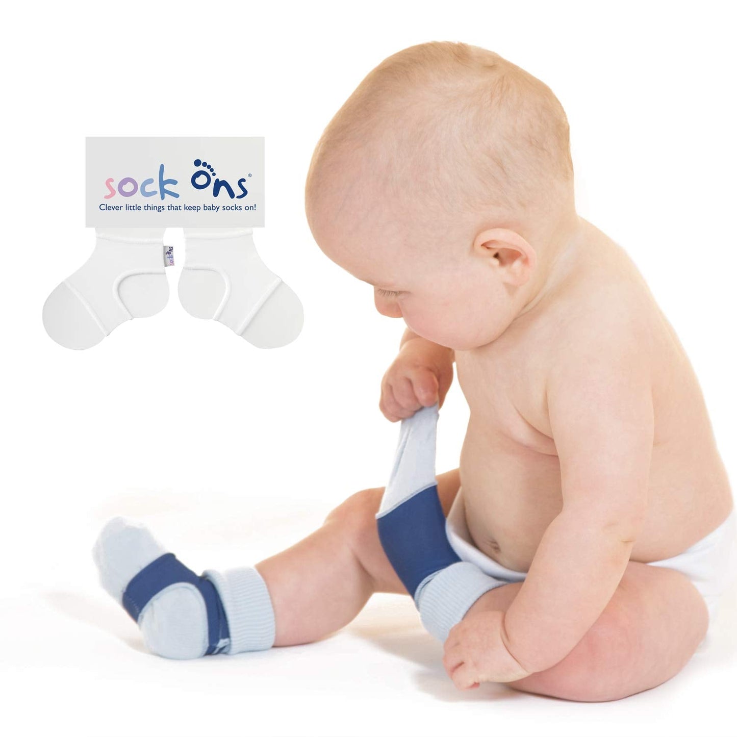 Sock Ons - Baby Sock Holders - 6-12 Months - 3 Pack (1 x Baby Blue, 1 x Navy, 1 x White) - Amazing Value Pack - Keep Baby Socks On!