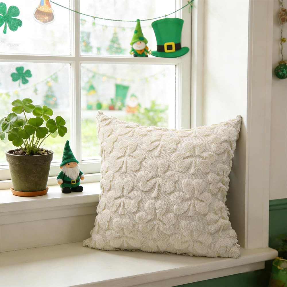 Heirloom Haven St Patrick’s Day Pillow Covers Set of 2,Beige Shamrock Irish Soft Plush Fluffy Faux Fur Jacquard Decorative St. Patrick’s Day Holiday Farmhouse Cushion Case for Sofa 18 x 18 Inch