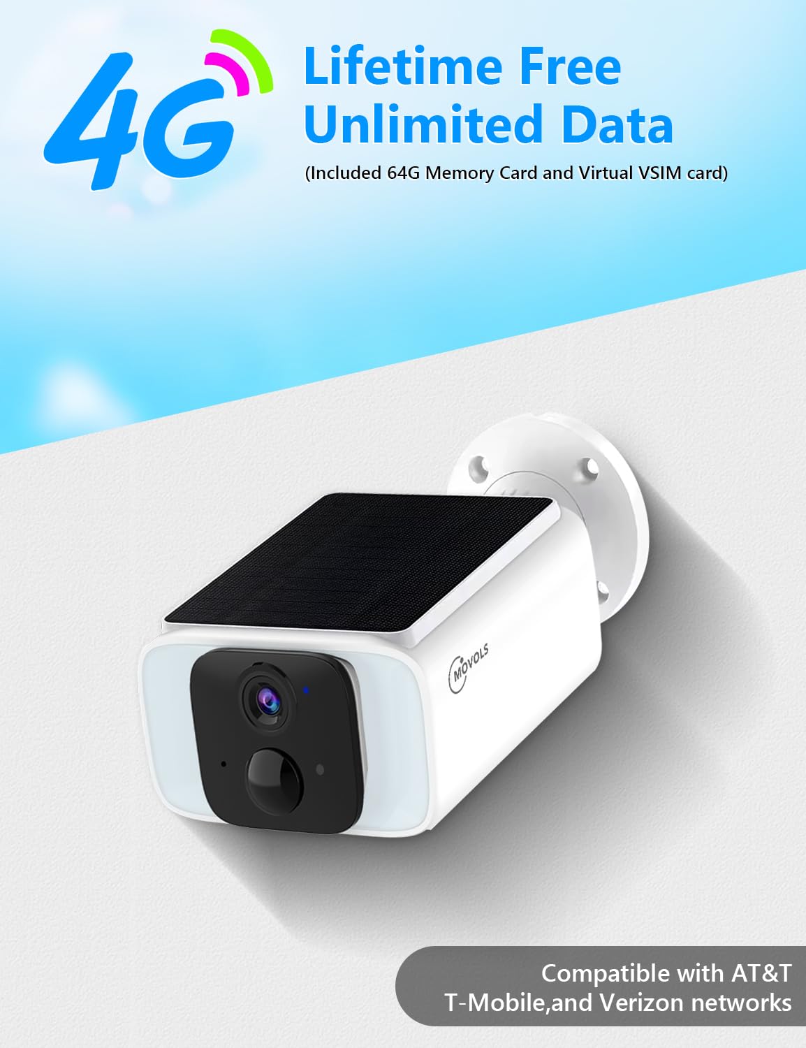 Lifetime Free Data 4G LTE Cellular Solar Security Camera Wireless Outdoor No Monthly Fees, No WiFi Solar Powered Surveillance Camera with Night Vision,Two-way Audio,Siren & Intelligent Spotlight