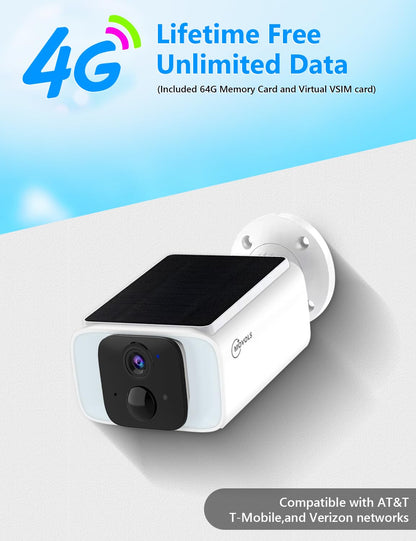 Lifetime Free Data 4G LTE Cellular Solar Security Camera Wireless Outdoor No Monthly Fees, No WiFi Solar Powered Surveillance Camera with Night Vision,Two-way Audio,Siren & Intelligent Spotlight