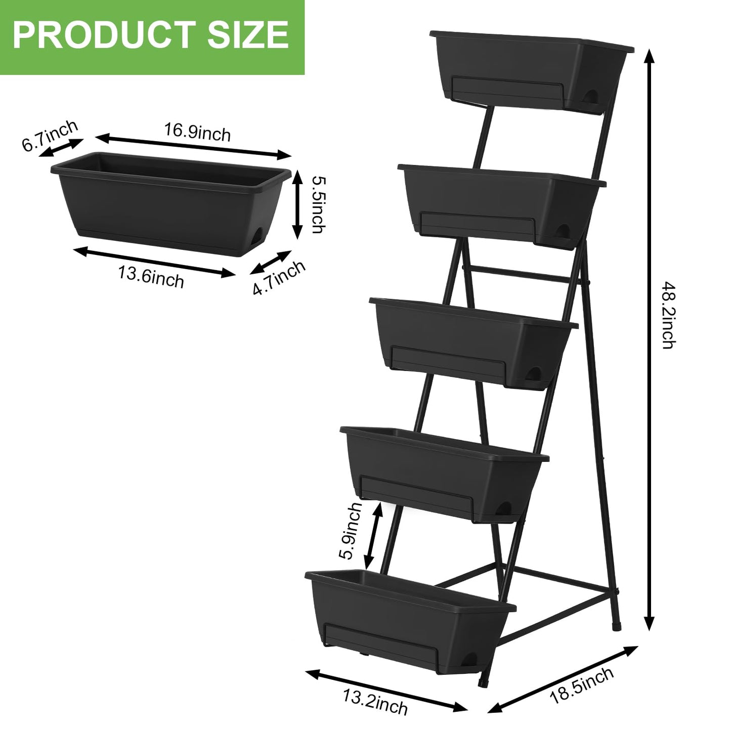 Fogein 5 Tier Vertical Raised Garden Bed Planter Box, Vertical Raised Bed with Drainage Holes for Indoor Outdoor Herbs Flowers Vegetables Plants, Black