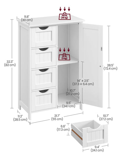 VASAGLE Bathroom Floor Storage Cabinet, Wooden Storage Unit with 4 Drawers, Single Door, Adjustable Shelf, for Living Room, Kitchen, Entryway, White LHC41W